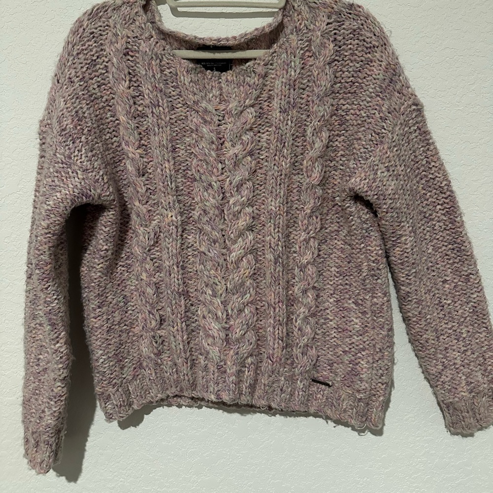 Abercrombie & Fitch Heathered Pink Cable-Knit Crewneck Sweater